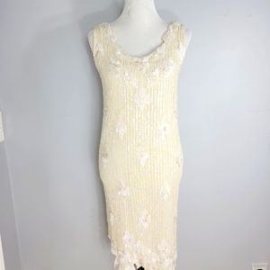 Women S 100% silk Gatsby vintage ivory floral full sequin asymmetric hem dress